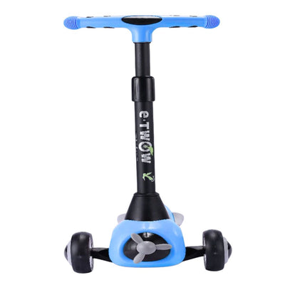 Children's scooter with blue handlebar and light blue deck on a white background