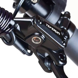 Close-up of teverun fighter mini escooter brake system with 'Teverun' branding.
