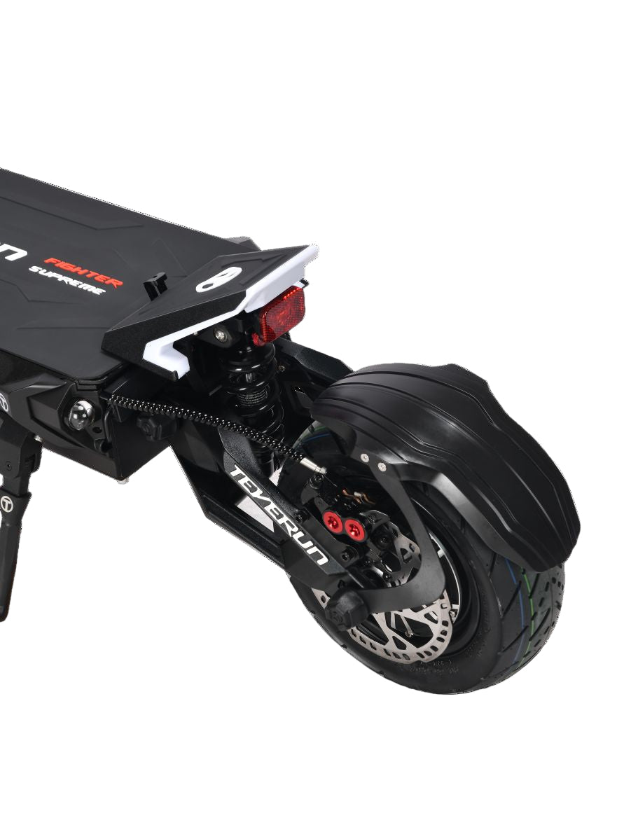 Teverun Fighter Supreme Ultra electric scooter rear end with visible branding on a black background