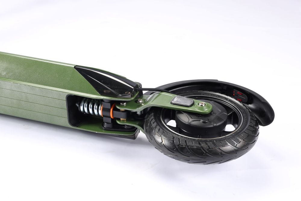 Close-up of a green E Twow GT SL scooter with a focus on the wheel and suspension system on a white background.