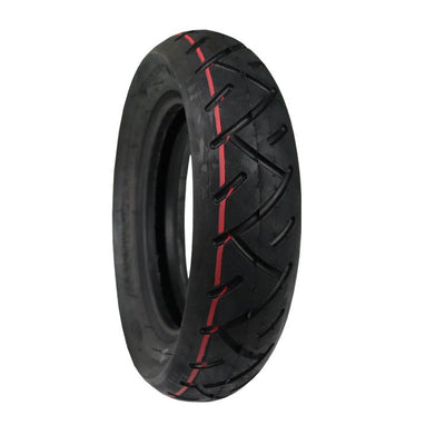 Black tire with red stitching on a white background