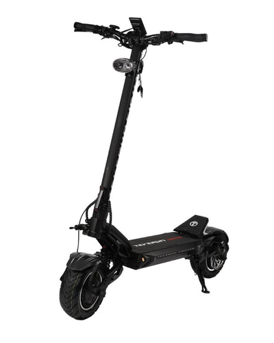 A black Teverun Fighter 11 electric scooter with a large deck, LED lighting on the stem and deck, and off-road tires.