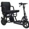 Black mobility scooter with a seat on a white background