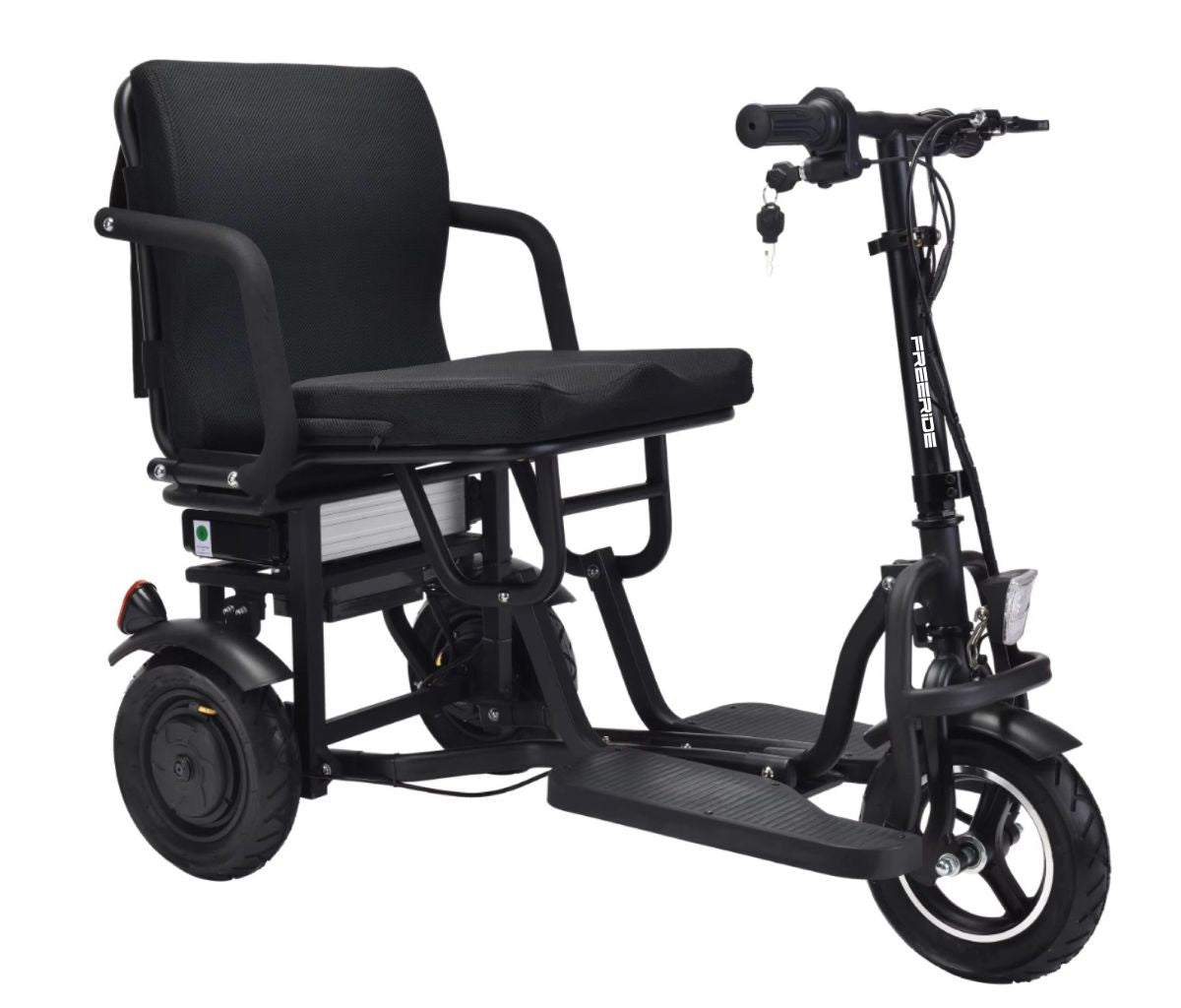 Black mobility scooter with a seat on a white background