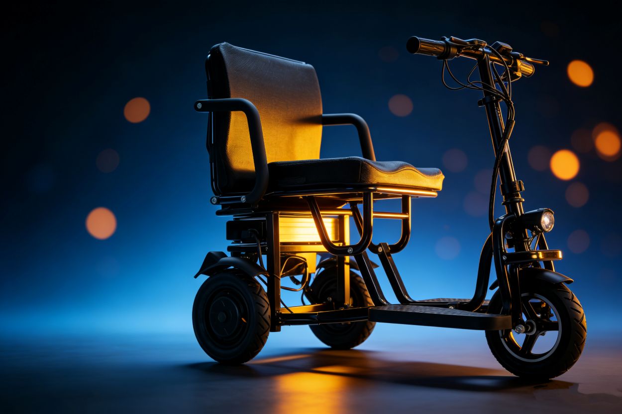 Electric wheelchair with scooter on a dark background with  lights