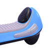 Close-up of a blue children's e-scooter with a black button on a white background