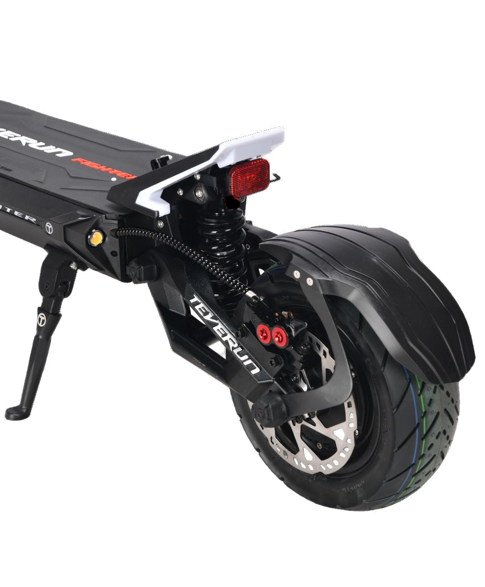 Teverun Fighter 11 Close-up of a black scooter with visible branding on a transparent background