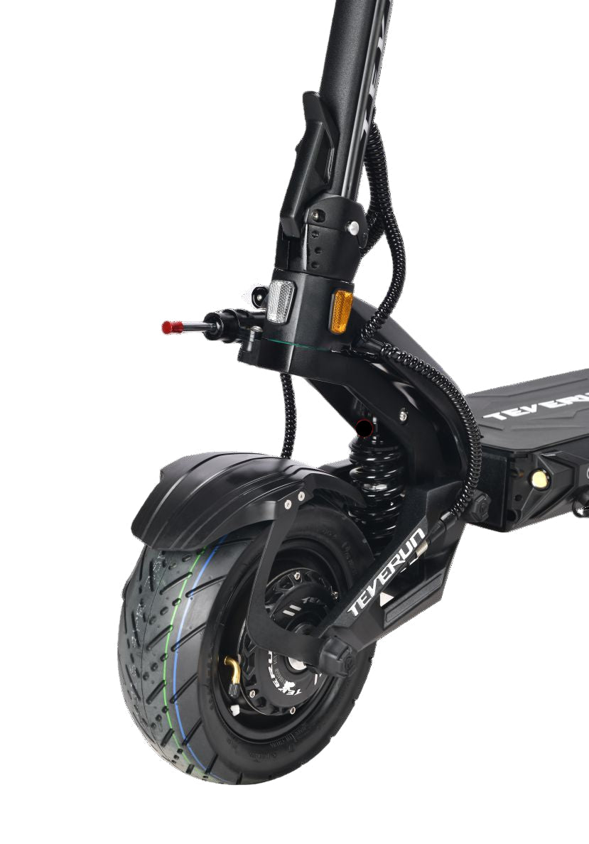 Teverun Fighter 11 Close-up of a black electric scooter with visible branding on a transparent background