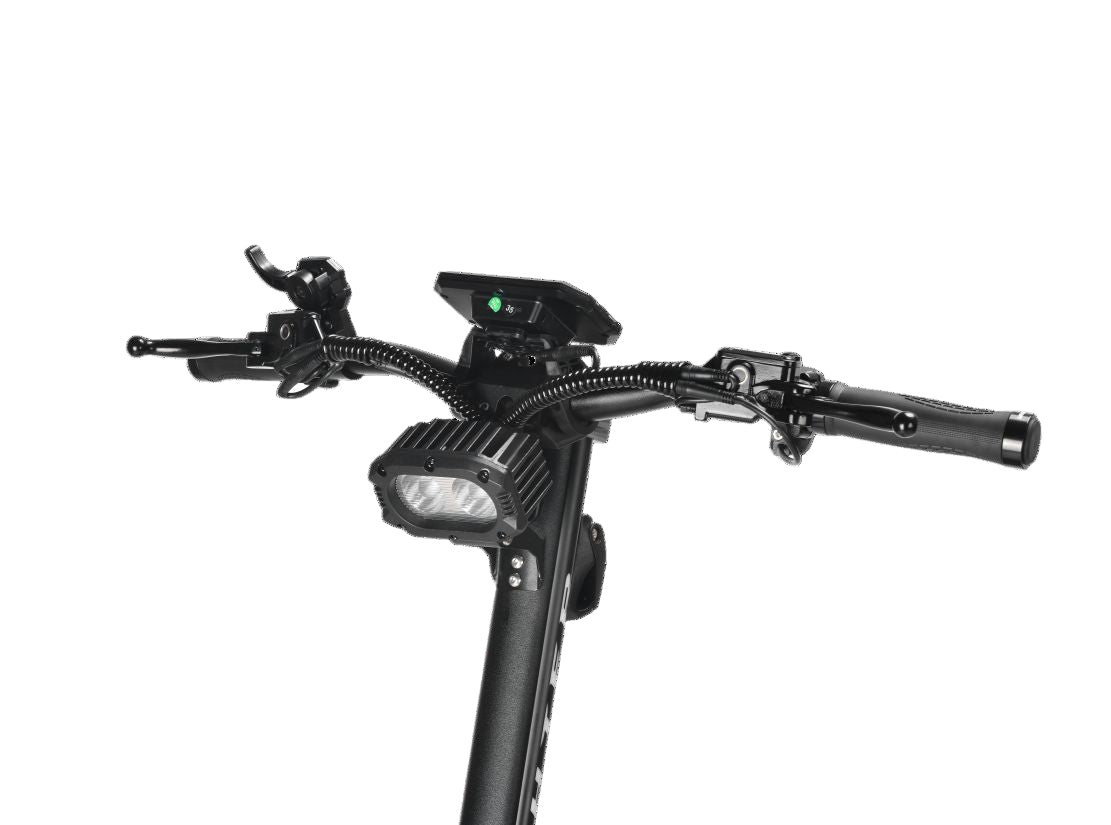 Close-up of a Teverun Fighter 11  handlebar with controls on a clear background