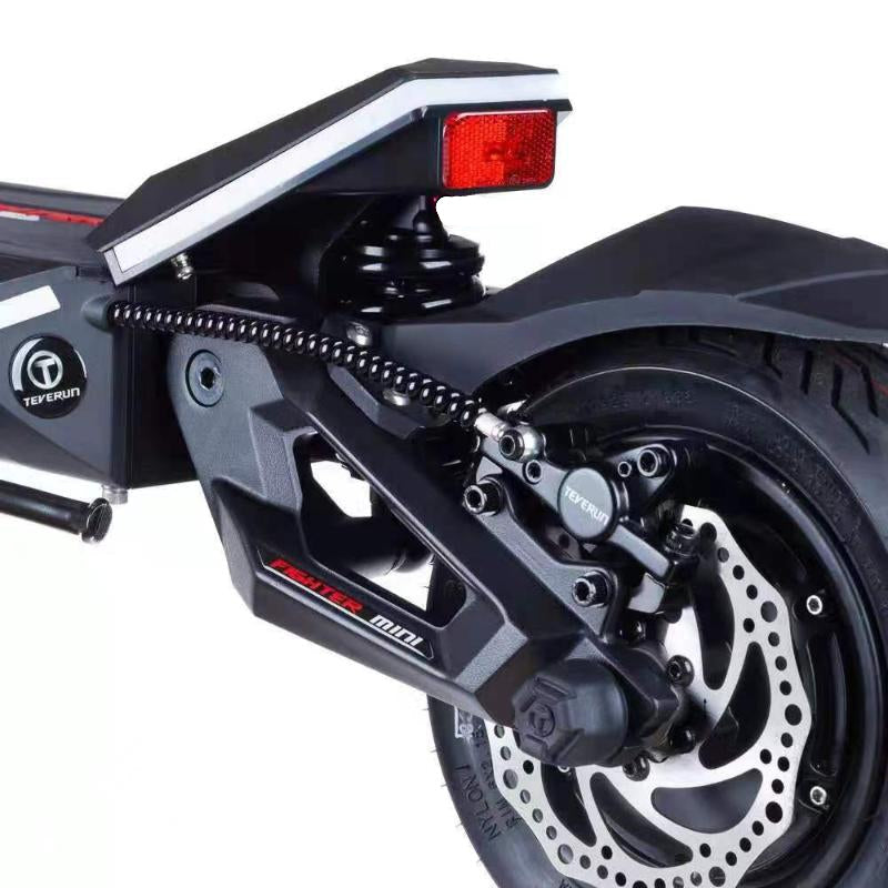 Close-up of a Teverun Fighter 11  rear section with suspension brake components on a white background.