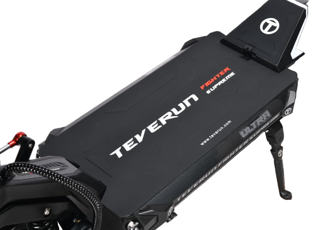 Close-up of a Teverun Fighter Supreme Ultra electric scooter  with 'Teverun' branding on a black background