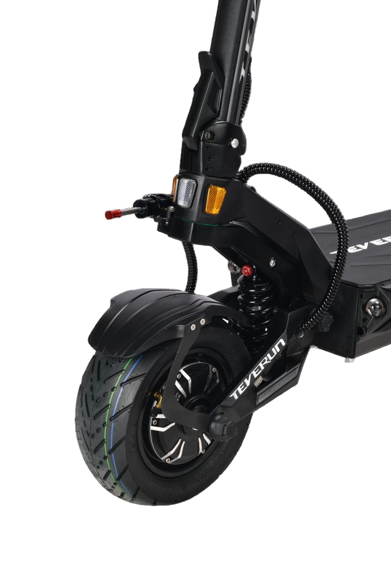 Close-up of a Teverun Fighter Supreme Ultra electric scooter front end with visible branding on a transparent background