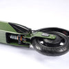 Close-up of a green E Twow GT SL scooter with a focus on the wheel and suspension system on a white background.