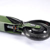 Close-up of a green E Twow GT SL scooter with a focus on the wheel and suspension system on a white background.
