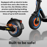 In Motion climber e-scooter has electric braking on both tyres and a rear cable disc brake. It offers precise control during braking and has lightning fast reaction time of .1 seconds