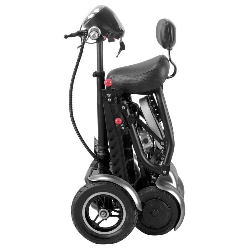 Black and silver scooter with a seat on a white background