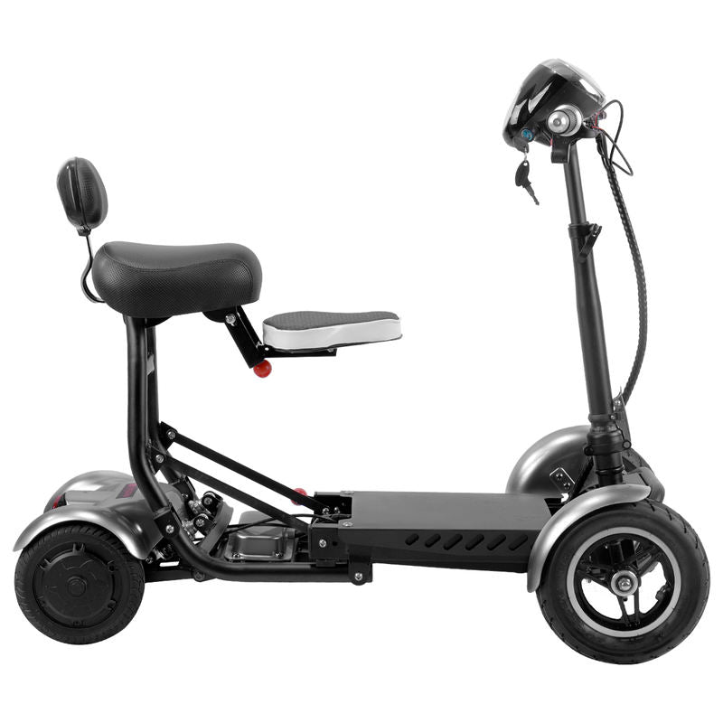 Black three-wheeled scooter with a seat on a white background
