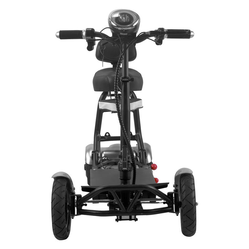 Black three-wheeled mobility scooter on a white background