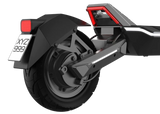 Rear wheel and suspension of the Punk rider showing the strong mudguard and puncture resistant self healing electric scooter tyre