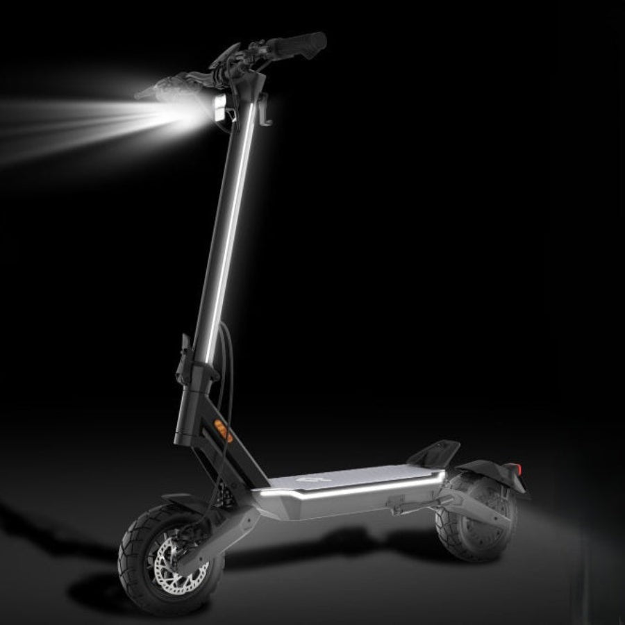 Electric scooter with headlights on a black background