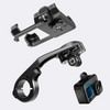 A black metal mounting bracket shown in three exploded views against a light gray background, with a small action camera displayed in the lower right.