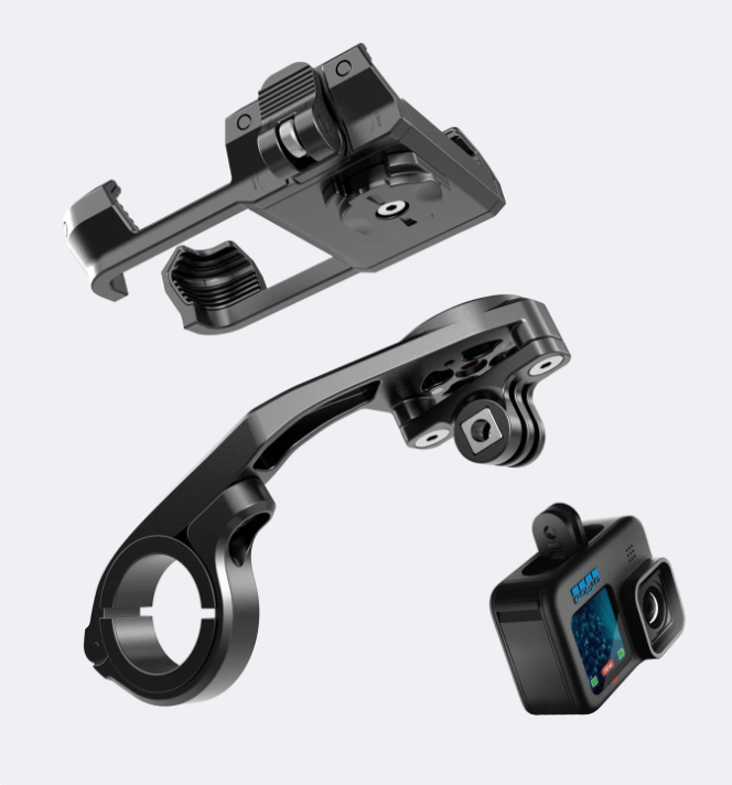 A black metal mounting bracket shown in three exploded views against a light gray background, with a small action camera displayed in the lower right.