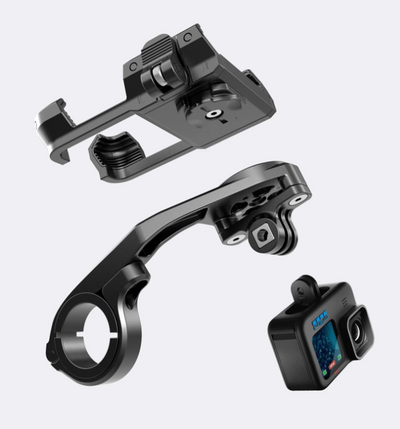 A black metal mounting bracket shown in three exploded views against a light gray background, with a small action camera displayed in the lower right.