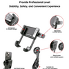 Technical product diagram showing a black phone mount with callout labels for clamp arm V-shape design, adjustable locking system, easy access with G-sense system, half shell design, and suitability for 22.2-31.