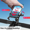 A hand holds a smartphone in a black and silver EasyDo bike handlebar mount against a blue sky background. The image includes red callout labels reading 'ALUMINUM ALLOY' and 'ONE CLICK LOCK', plus a large text overlay at the bottom saying 'This! it's called stability!'.