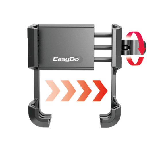 EasyDo magnetic phone mount shown on a white background with red graphic arrows indicating rotation and expansion.