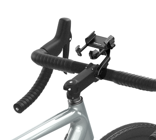 A black bicycle handlebar mount holding a smartphone holder, attached to the stem of a silver road bike with black handlebar tape, on a white background.