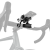 A black bicycle handlebar phone mount holding a smartphone, attached to a road bike handlebar. The bike and handlebars are shown in a faded light gray color against a solid white background.