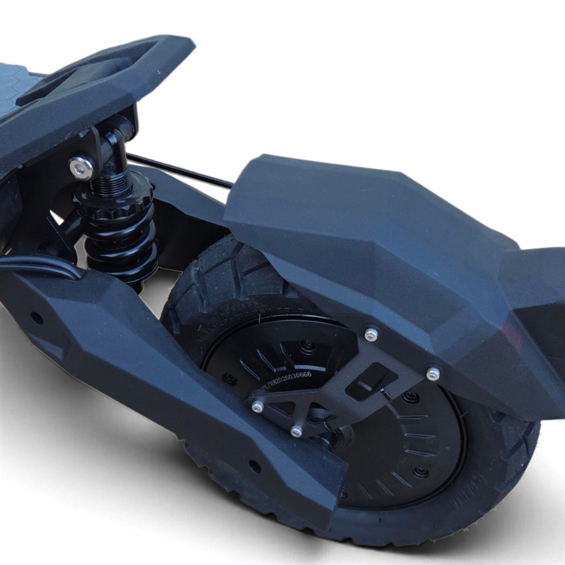 Electric Scooter Shop Punk Roamer Pro rear wheel showing coil suspension, black mudguard, and durable tyre tread.