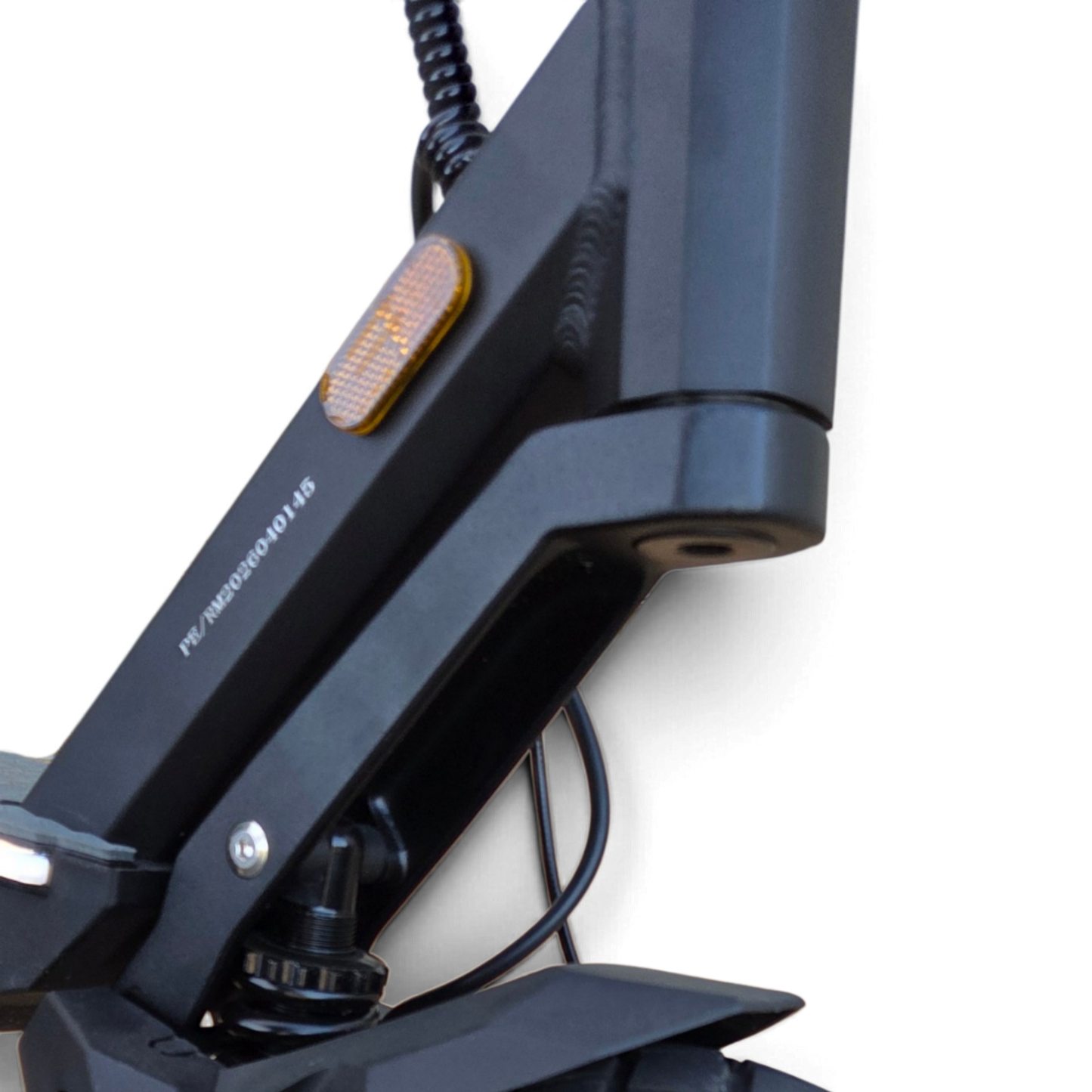 Electric Scooter Shop Punk Roamer Pro black scooter frame detail showing coil suspension and side reflector