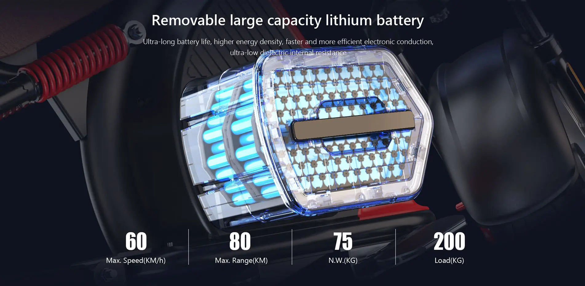 Battery graphic depicting interior of Harley M08 battery. Removable large capacity Lithium Battery