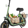 Green electric bike with cargo baskets filled with groceries on a white background