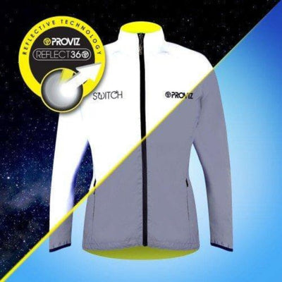Proviz Switch Reversible Glo in hte dark, high viz Cycling jacket. Reversible: Fluorescent yellow / 100% reflective (CE EN20471 certified) Two-way reversible zipper including zip pull Two side pockets Low profiled rear spray guard Raglan sleeves Waterproof – 10,000mm Machine washable